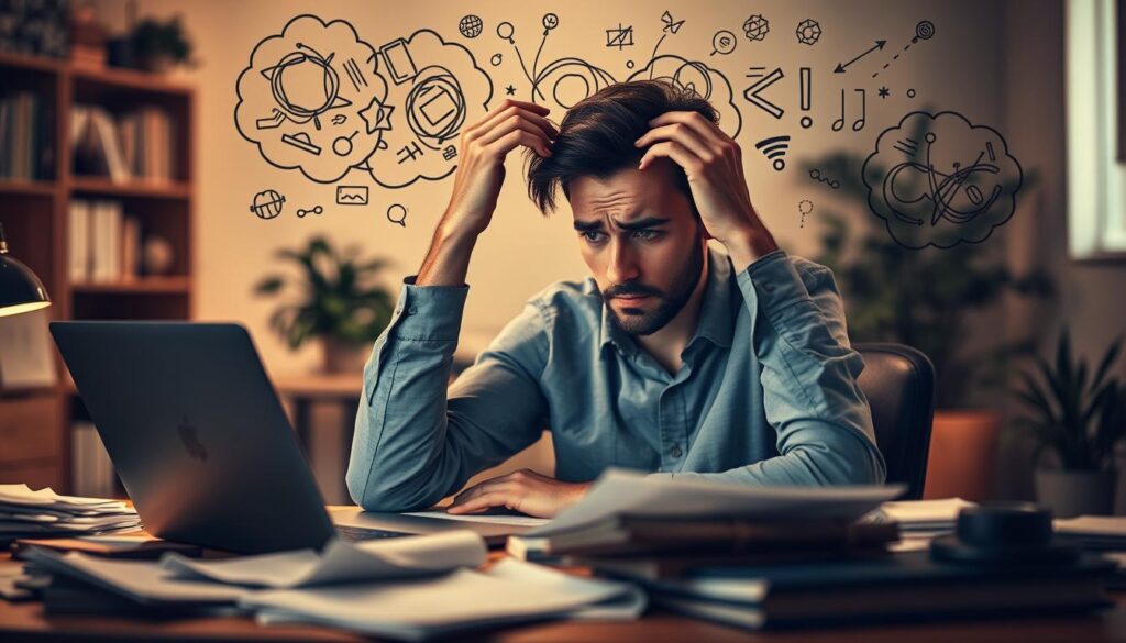 A contemplative person sitting at a desk, scratching their head with a worried expression, surrounded by swirling thought bubbles filled with chaotic symbols representing anxiety and overthinking. In the foreground, a cluttered desk with scattered papers and a glowing laptop, emphasizing mental overload. The middle ground features an abstract representation of tangled thoughts, like wispy clouds or scribbles, illustrating the confusion of overthinking. In the background, soft, blurred office elements, such as shelves and plants, create an inviting yet tense atmosphere. The lighting is warm but dim, casting shadows to enhance the mood of concern. Capture this scene from a slightly high angle to evoke a feeling of introspection and overwhelm. A contemplative person sitting at a desk, scratching their head with a worried expression, surrounded by swirling thought bubbles filled with chaotic symbols representing anxiety and overthinking. In the foreground, a cluttered desk with scattered papers and a glowing laptop, emphasizing mental overload. The middle ground features an abstract representation of tangled thoughts, like wispy clouds or scribbles, illustrating the confusion of overthinking. In the background, soft, blurred office elements, such as shelves and plants, create an inviting yet tense atmosphere. The lighting is warm but dim, casting shadows to enhance the mood of concern. Capture this scene from a slightly high angle to evoke a feeling of introspection and overwhelm.
