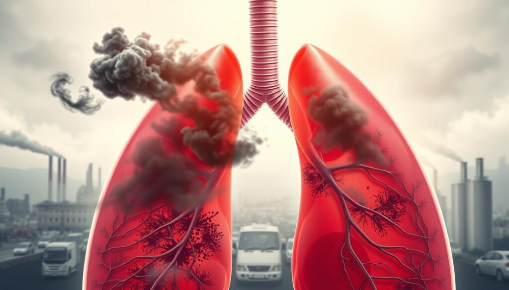 A detailed and conceptual illustration depicting the mechanism of air pollution damage to the lungs. In the foreground, show a cross-section of a human lung, highlighting inflamed airways with mucus buildup and damaged alveoli due to particulate matter. In the middle layer, visualize various pollutants like smoke and dust particles entering the respiratory system, portrayed as dark, swirling clouds. In the background, illustrate an urban skyline with factories emitting smoke and vehicles contributing to smog, casting a gray haze over the scene. Use soft but dramatic lighting to emphasize the contrast between the clean and polluted areas. The image should evoke a sense of urgency and concern about respiratory health, with a realistic and clinical style, focusing on the impact of pollution on human health.