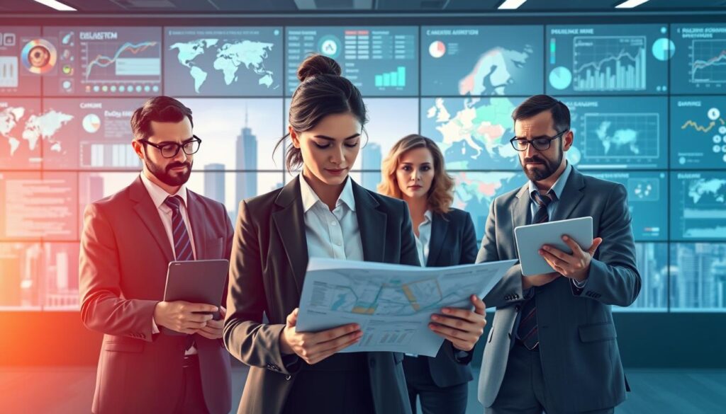 A detailed and vibrant illustration of "surveillance and epidemiological intelligence" as practiced by health authorities in Europe. In the foreground, a diverse group of professionals in business attire, including a male scientist examining data on a digital tablet, a female public health officer analyzing maps, and a male statistician reviewing charts. In the middle ground, a high-tech control center filled with monitors displaying various epidemiological data and maps of Europe, symbolizing data tracking and disease control efforts. The background features a city skyline subtly transitioning into digital graphics representing data flow and health statistics. Soft, focused lighting highlights the professionals, creating a serious yet hopeful atmosphere, emphasizing collaboration and innovation in epidemic management. The angle captures both the intensity of the observation and the teamwork involved.