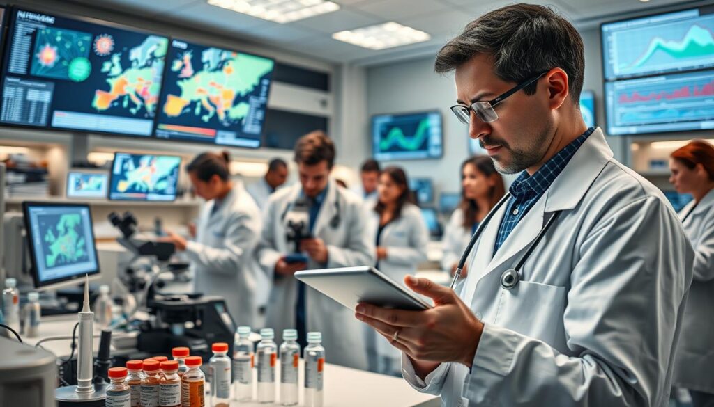 A detailed scene illustrating "influenza strain monitoring and vaccination" in a medical setting. In the foreground, a healthcare professional in a lab coat examines data on a digital tablet, surrounded by vials of vaccines and medical instruments. The middle ground shows a diverse group of researchers collaborating, with maps of Europe displayed on screens, showcasing influenza strain distribution. In the background, a modern laboratory filled with advanced technology, including microscopes and large monitors displaying graphs and epidemiological data. The lighting is bright and clinical, conveying a sense of urgency and professionalism. The atmosphere is focused and inspiring, reflecting the dedication to public health in controlling diseases.