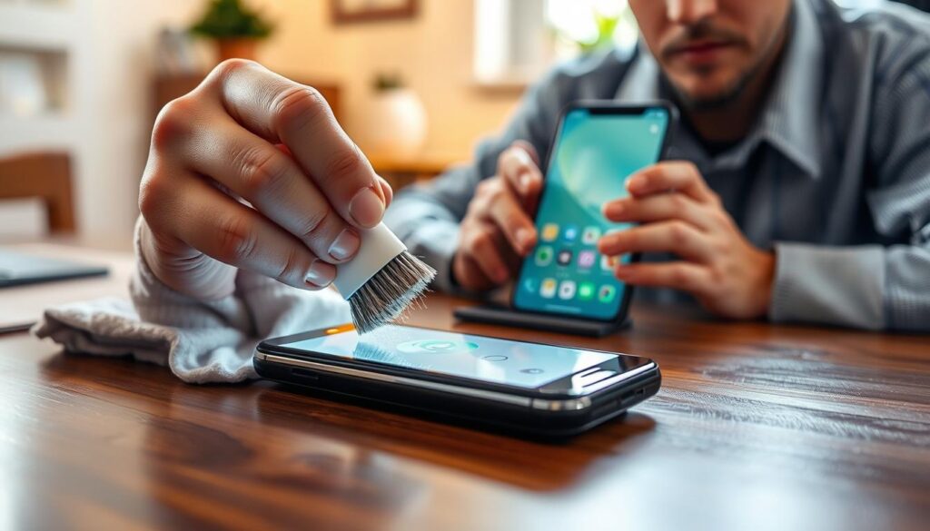 A focused shot depicting a person cleaning a smartphone speaker. The foreground features hands gently using a soft brush to remove dust from a smartphone's speaker grill, with a microfiber cloth nearby. In the middle ground, the smartphone is shown clearly, with its screen illuminated, displaying a bright interface. In the background, a cozy workspace is visible, with soft lighting highlighting the scene. The overall atmosphere is calm and methodical, suggesting a repair tutorial. The person’s appearance is professional, dressed in modest casual clothing, with a look of concentration. Use natural light to create a warm glow, emphasizing the cleanliness of the environment and the clarity of the smartphone. A focused shot depicting a person cleaning a smartphone speaker. The foreground features hands gently using a soft brush to remove dust from a smartphone's speaker grill, with a microfiber cloth nearby. In the middle ground, the smartphone is shown clearly, with its screen illuminated, displaying a bright interface. In the background, a cozy workspace is visible, with soft lighting highlighting the scene. The overall atmosphere is calm and methodical, suggesting a repair tutorial. The person’s appearance is professional, dressed in modest casual clothing, with a look of concentration. Use natural light to create a warm glow, emphasizing the cleanliness of the environment and the clarity of the smartphone.