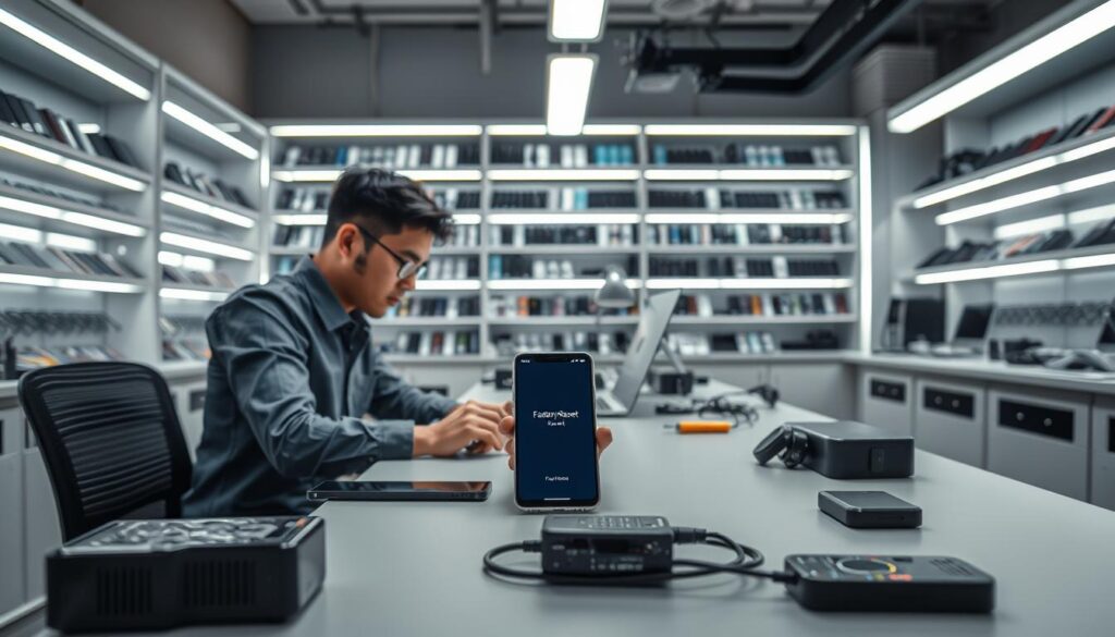 A modern smartphone service center scene, focusing on a technician performing a factory reset on a smartphone. In the foreground, a technician in professional attire is sitting at a sleek, minimalist desk with tools and devices scattered around, intently looking at the smartphone screen. In the middle, the smartphone displays a clear interface indicating a factory reset process. In the background, shelves filled with other smartphones and service equipment are softly illuminated by overhead lights, enhancing the atmosphere of a busy tech workspace. The lighting is bright yet soft, creating a clean and professional ambiance. The overall mood is focused and efficient, signifying expertise in resolving technical issues. A modern smartphone service center scene, focusing on a technician performing a factory reset on a smartphone. In the foreground, a technician in professional attire is sitting at a sleek, minimalist desk with tools and devices scattered around, intently looking at the smartphone screen. In the middle, the smartphone displays a clear interface indicating a factory reset process. In the background, shelves filled with other smartphones and service equipment are softly illuminated by overhead lights, enhancing the atmosphere of a busy tech workspace. The lighting is bright yet soft, creating a clean and professional ambiance. The overall mood is focused and efficient, signifying expertise in resolving technical issues.
