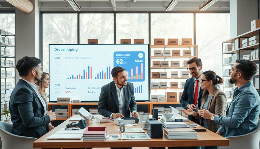A professional business environment showcasing the concept of branding in dropshipping. In the foreground, a diverse group of business professionals, dressed in smart casual attire, are engaged in a lively discussion around a table filled with product samples and branding materials. In the middle ground, a large digital screen displays analytics and marketing strategies, highlighting key performance indicators for sales growth. The background features shelves organized with well-branded products, creating an inviting atmosphere. Soft, natural lighting filters through large windows, casting a warm glow over the scene, emphasizing collaboration and creativity. The overall mood is dynamic and inspiring, reflecting the successful branding strategies in the dropshipping business.