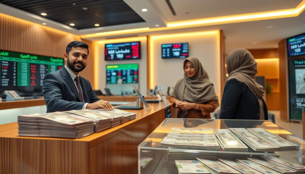 A professional currency exchange office, showcasing a modern and welcoming atmosphere. In the foreground, an elegant wooden counter with a friendly, diverse attendant dressed in professional business attire, assisting a customer in a modest casual outfit. On the counter, stacks of Saudi Riyal banknotes neatly arranged, glimmering under soft overhead lighting. In the middle ground, a transparent display case featuring various currency denominations, along with informational brochures about currency exchange rates. The background illustrates a well-organized office with digital screens displaying exchange rates and financial news, bathed in warm, inviting light. The mood is professional yet approachable, conveying trust and efficiency in financial transactions.
