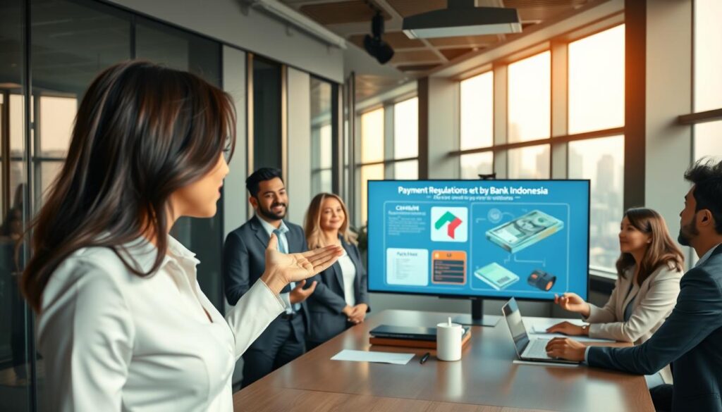 A professional meeting in a sleek, modern office setting where a diverse group of businesspeople in smart attire are engaged in a discussion about payment regulations set by Bank Indonesia. In the foreground, a confident woman gestures towards a digital presentation screen showcasing various payment methods, including an image of cash and digital wallets, symbolizing the discussion on accepted payment methods. In the middle ground, a diverse group of attentive colleagues nods in agreement, with a subtle emphasis on their business attire, reflecting a collaborative atmosphere. The background features a large window revealing a cityscape, illuminated by warm, natural light filtering in, creating a productive and optimistic mood that highlights the importance of traditional currency in modern finance.