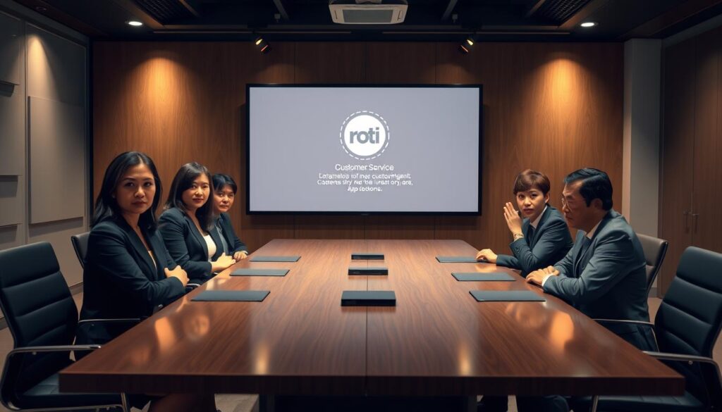 A professional office setting with a corporate ambiance, featuring a serious and composed management team from Roti O gathered around a large conference table. The foreground shows a diverse group of three professionals in formal business attire—two women and one man—expressing apologies with solemn expressions. In the middle ground, a large digital presentation screen displays an official company logo and a muted background graphic related to customer service. The lighting is soft, with focused spotlights highlighting the team, creating a warm yet serious atmosphere. The overall mood feels respectful and contrite, emphasizing accountability and professionalism in their response to customer feedback. The image captures the essence of a formal apology while remaining positive and forward-looking.