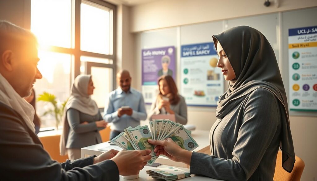 A serene and informative scene depicting a well-lit exchange office where a professional in modest business attire assists a diverse group of individuals with currency exchange, specifically the Saudi Riyal. In the foreground, a female teller counts riyal notes, showcasing the vibrant green and white colors of the bills. The middle ground features people engaging in conversation, discussing safe money practices, and viewing eye-catching informational posters about currency safety on the walls. In the background, sunlight filters through large windows, casting a warm glow over the setting, creating an atmosphere of trust and security. The composition should emphasize a sense of professionalism and safety in financial transactions, without any text or distractions.