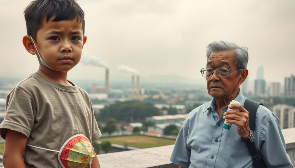 A serene yet poignant scene depicting vulnerable groups affected by air pollution: in the foreground, a young child with a concerned expression, wearing a modest t-shirt, holds a colorful mask. Beside the child, an elderly person in professional casual attire, looking slightly unwell, holds a breathing inhaler. In the middle ground, a chaotic urban landscape with factories emitting smoke and a polluted sky, contrasting with a small patch of greenery. The background shows distant high-rise buildings shrouded in smog, suggesting the impact of urbanization on health. Soft, diffused lighting creates a somber but informative atmosphere, emphasizing the gravity of the situation. The angle is a slightly elevated perspective, focusing on the subjects while capturing the broader environment around them.