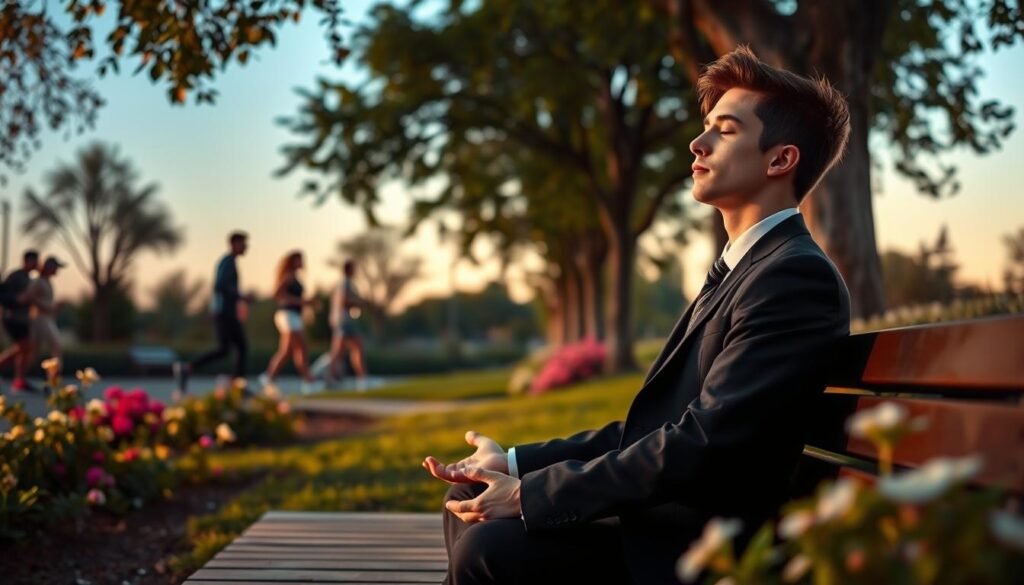 A tranquil, serene scene depicting a person sitting peacefully on a park bench, surrounded by lush greenery and blooming flowers. The foreground features a young adult in professional business attire, calmly meditating with closed eyes, radiating a sense of mindfulness and focus. In the middle, softly blurred figures of people jogging and walking dogs, showcasing a vibrant atmosphere of active living and freshness. The background presents a clear blue sky softly lit by the golden glow of sunset, reflecting hope and positivity. This scene captures the essence of effective strategies for overcoming overthinking, conveying tranquility and clarity. Soft, diffused lighting enhances the calming mood, and the angle offers a slightly elevated perspective, creating a sense of depth and openness. A tranquil, serene scene depicting a person sitting peacefully on a park bench, surrounded by lush greenery and blooming flowers. The foreground features a young adult in professional business attire, calmly meditating with closed eyes, radiating a sense of mindfulness and focus. In the middle, softly blurred figures of people jogging and walking dogs, showcasing a vibrant atmosphere of active living and freshness. The background presents a clear blue sky softly lit by the golden glow of sunset, reflecting hope and positivity. This scene captures the essence of effective strategies for overcoming overthinking, conveying tranquility and clarity. Soft, diffused lighting enhances the calming mood, and the angle offers a slightly elevated perspective, creating a sense of depth and openness.