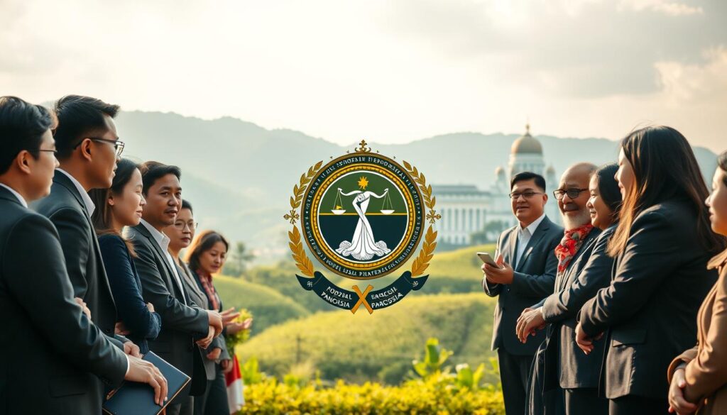 A vibrant and symbolic representation of "Ciri Khas Demokrasi Pancasila." In the foreground, diverse individuals representing various ethnicities and ages engage in a dynamic discussion, dressed in professional business attire, showcasing unity and collaboration. In the middle ground, a large emblem of Pancasila prominently displayed, surrounded by traditional Indonesian motifs and symbols of democracy like scales and a gavel. The background features a serene landscape of Indonesia’s lush hills and the iconic silhouette of a local parliament building, symbolizing governance. Soft, natural lighting creates an optimistic and harmonious atmosphere, with warm tones suggesting inclusivity and hope. The angle is slightly elevated, capturing the engagement and the emblem in a balanced composition, evoking a sense of pride and commitment to Pancasila principles.