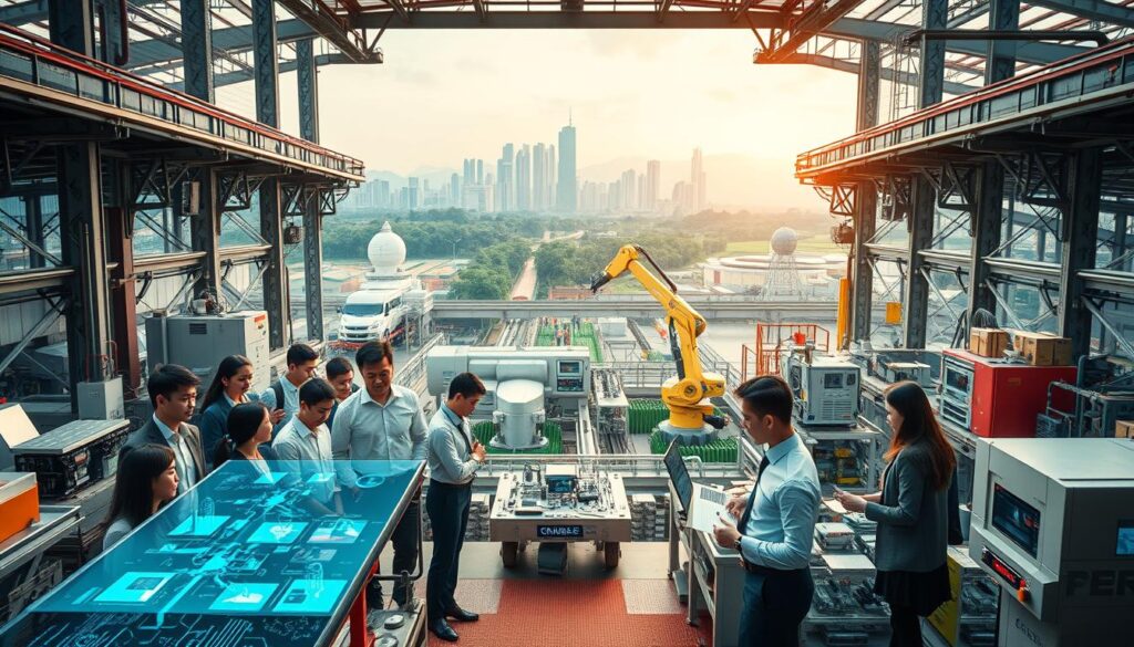 A bustling Indonesian industrial environment showcasing the transition to Industry 4.0. In the foreground, a diverse group of professionals in business attire collaborate over holographic displays and advanced machinery. The middle section presents a modern factory with robotic arms and automated systems, symbolizing technological innovation. In the background, the skyline of a vibrant Indonesian city merges with green landscapes, highlighting sustainable practices. Soft, natural lighting illuminates the scene, creating a hopeful and dynamic atmosphere. A wide-angle perspective captures the energy of this transformative journey, emphasizing the blend of tradition and modernization as Indonesia embraces the future of industry.