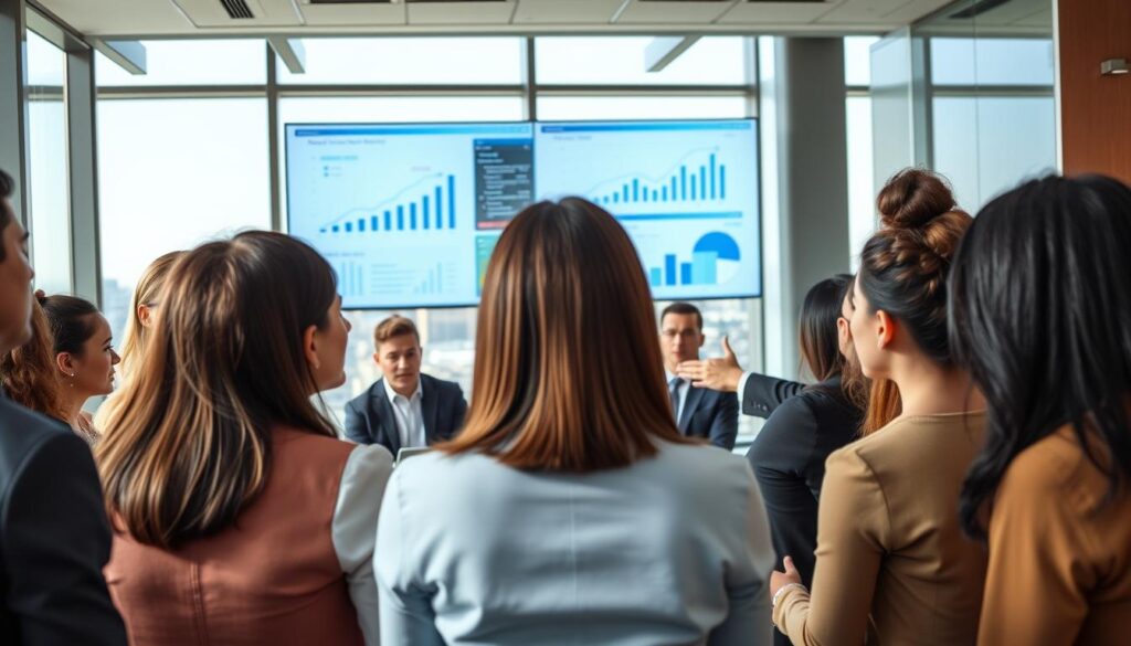A modern office environment depicting a diverse group of professionals engaged in digital skills training. In the foreground, a female instructor of Asian descent presents to an engaged audience of mixed ethnicities, all dressed in professional business attire. In the middle, interactive digital screens display graphs and training modules, illustrating the evolution of human resources and digital skills. The background features large windows with a city skyline, allowing natural light to flood the space, creating a bright and inspiring atmosphere. Use a wide-angle lens to capture the collaborative environment, emphasizing teamwork and innovation. The overall mood is dynamic and forward-thinking, symbolizing the revolution of human resources in the digital age.